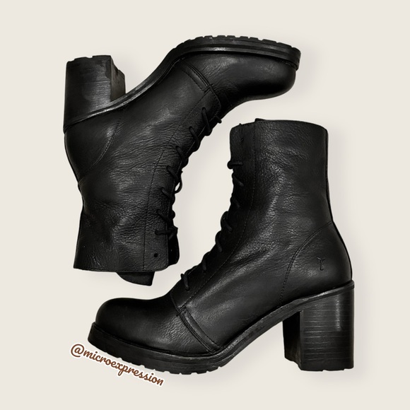 $429 Frye Karen Lace Up Black Leather Combat Short Chunky Heeled Moto Ankle Boot - Picture 8 of 15